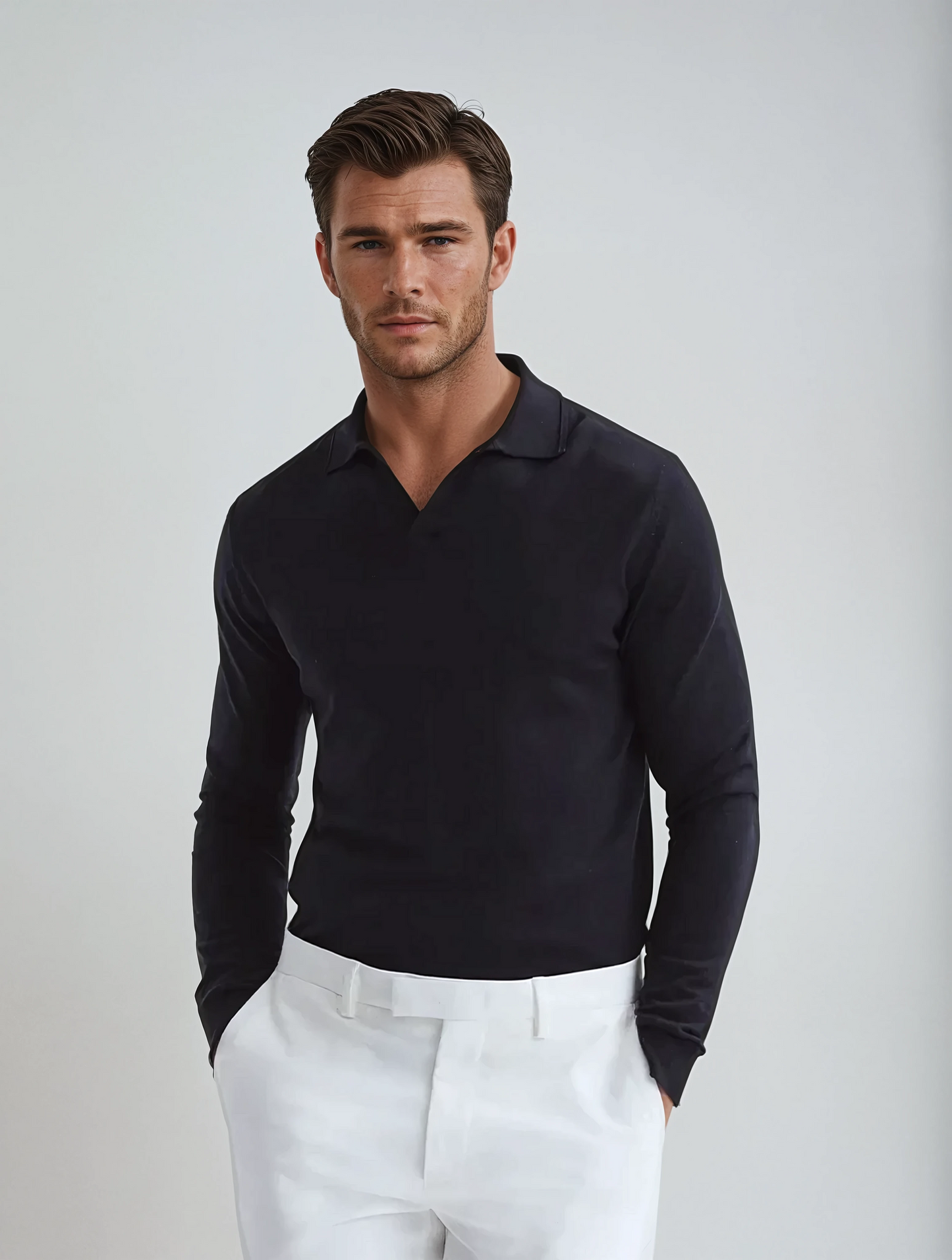 Longsleeve Polo Zonder Knopen Zwart